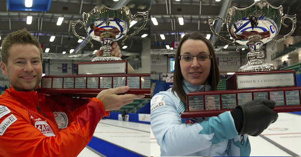 Camrose Ab,December 7, 2014.Home Hardware Canada Cup Curling.Winnipeg skip Mike McEwen holds the trophy after guiding his team to a 8-3 victory over Brad Jacobs. michael burns photo