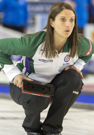 PEI skip Suzanne Birt watches her shot in draw five action at the 2016 Scotties Tournament of Hearts, the Canadian Womens Curling Championships, Grande Praire, Alberta