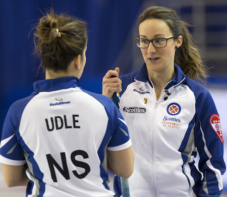 Team Nova Scotia skip Jill Brothers and lead Teri Udle in draw eleven action at the 2016 Scotties Tournament of Hearts, the Canadian Womens Curling Championships, Grande Praire, Alberta